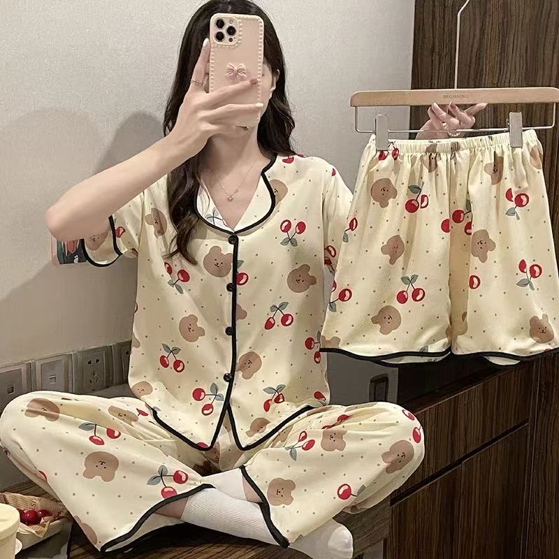 Üç Parça Set Kadın Uyku Giyim İpek Kısa Kollu Pantolon Pijama Bayan Karikatür Ayı Kiraz Yaka Hırka Seksi Gecelik
