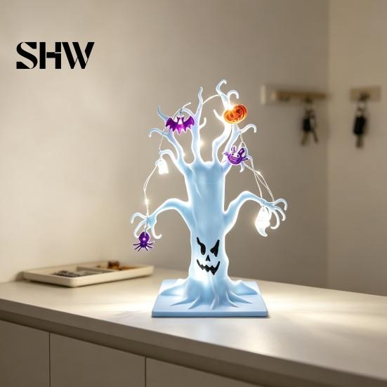 Decorative Resin Tree for Home Lighted Halloween Spooky Dead Tabletop Decor, Ghost Face Haunted LED Creepy Decor with Pumpkin Spider String