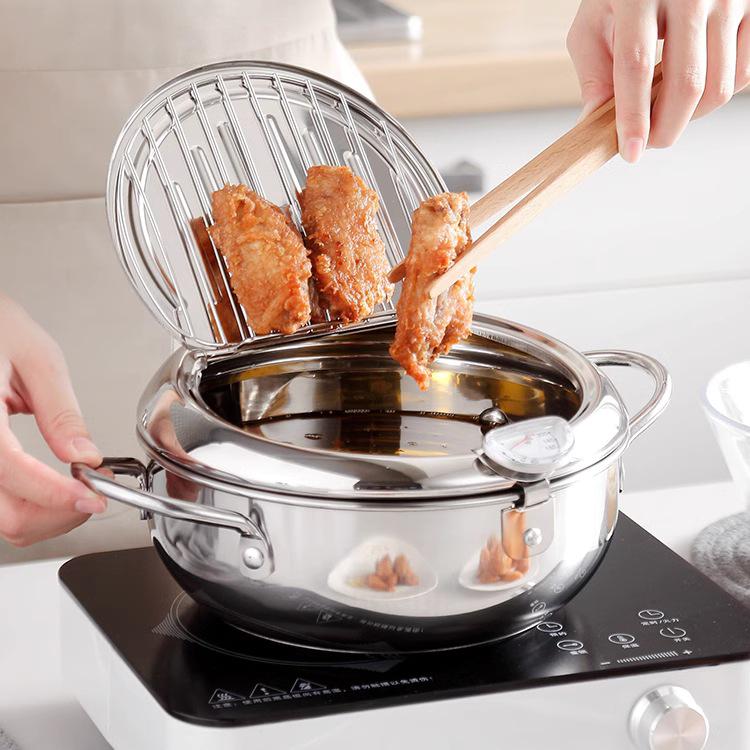 304 Stainless Steel Japanese Tempura Fryer Pot with Thermometer and Oil Rack