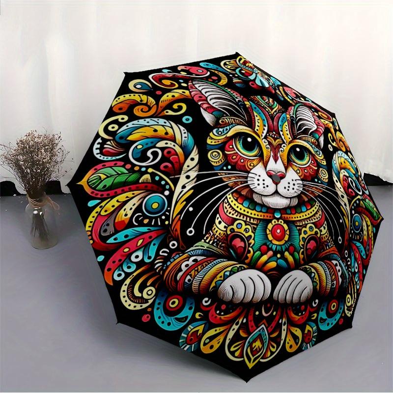 1pc Cat Mandala Automatic Folding Umbrella, 8-Rib Sturdy Canopy, Portable Travel Umbrella for Outdoor Use,105