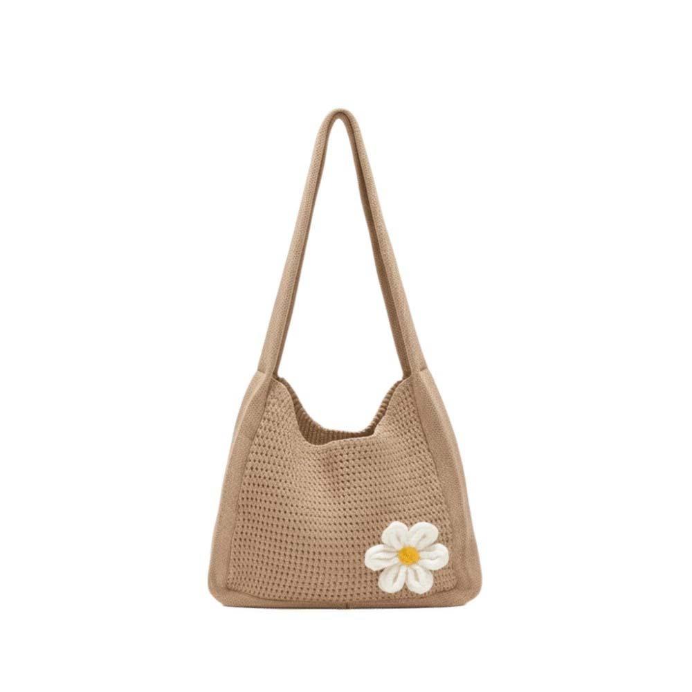 

Breathable Knitted Tote Bag with Crochet Flower Seaside Vacation Handbag School хаки