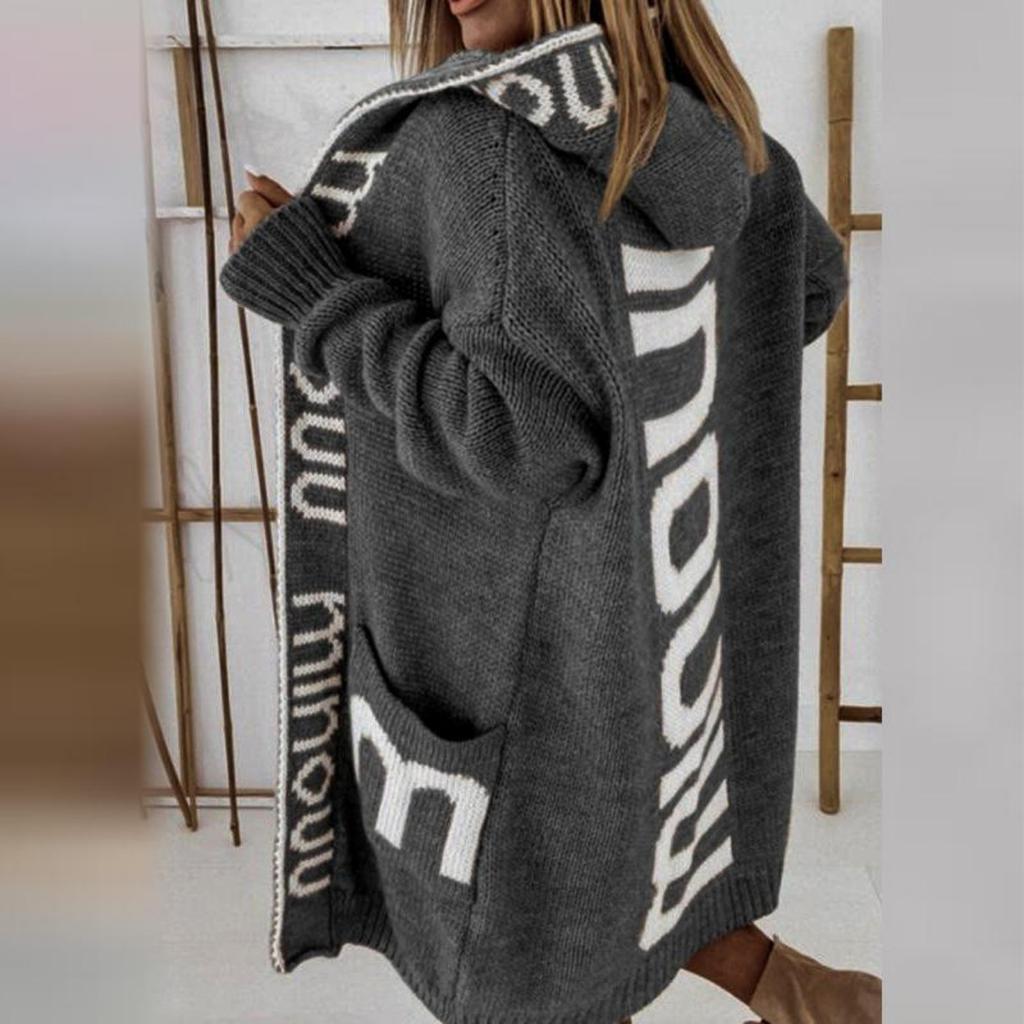 Cappotto lavorato a maglia maglione da donna con monogramma cardigan lungo con cappuccio