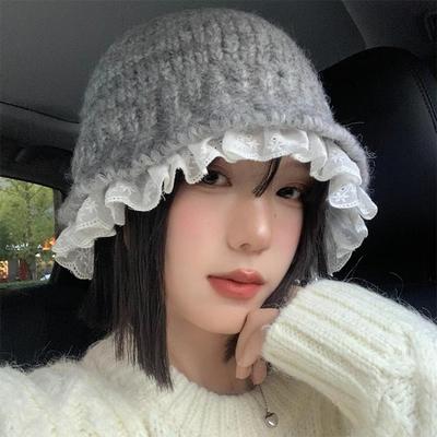 Koronkowy Dzianinowy Kapelusz Bucket Hat Damski Jesień i Zima Uliczny Słodki Wszechstronny Na Zewnątrz Ciepły Codzienny Duża Głowa Czapka Bob