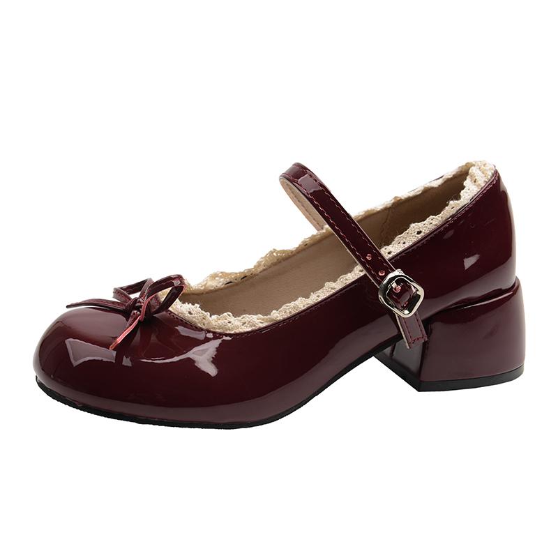 French Lace Bow Mary Jane Small Leather Shoes Women's New Summer Round Toe Block Heel One Buckle Single Shoes