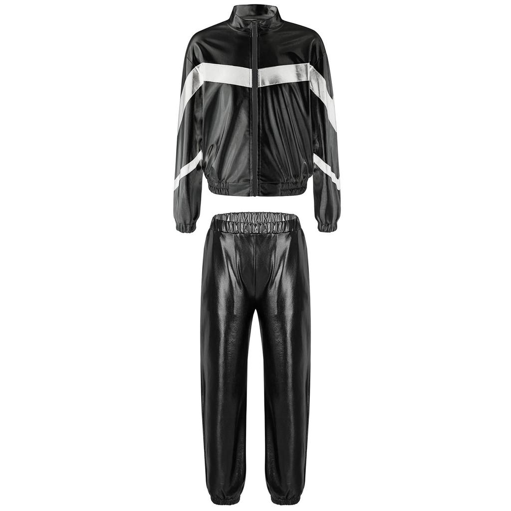Girls Hip Hop Dance Jacket Metallic Zipper Contrast Color Stand Collar Coat Glittery Waist Pants Set