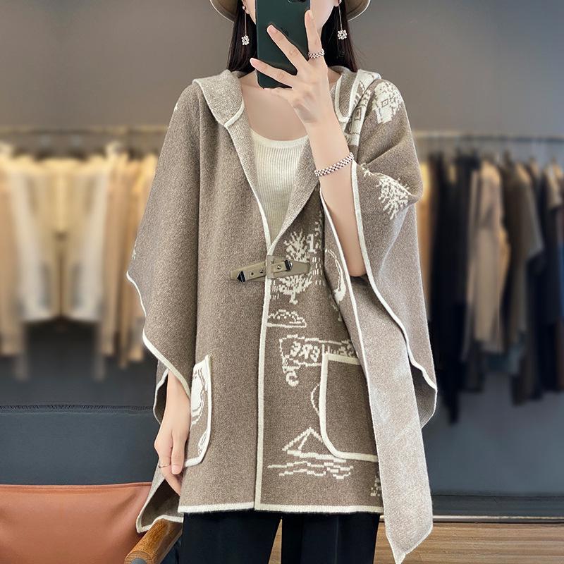 Women's Retro Wool Jacquard Hooded Cardigan Cape Shawl