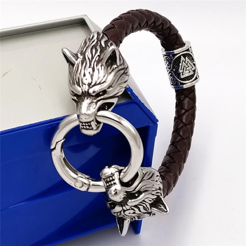 Wolf Head Bracelet Stainless Steel Viking Rune Bead Leather Bracelet Jewelry For Women Men Unisex Gift