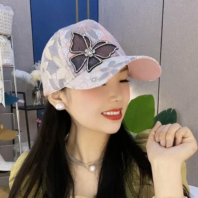 Summer lace thin hat women's breathable sunscreen rhinestone butterfly baseball cap street fashion versatile cap tide