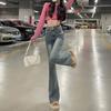 High-waisted and slightly pulled jeans for women's 2025 autumn and winter new thin and slim elastic floor-mopping horseshoe horn trousers