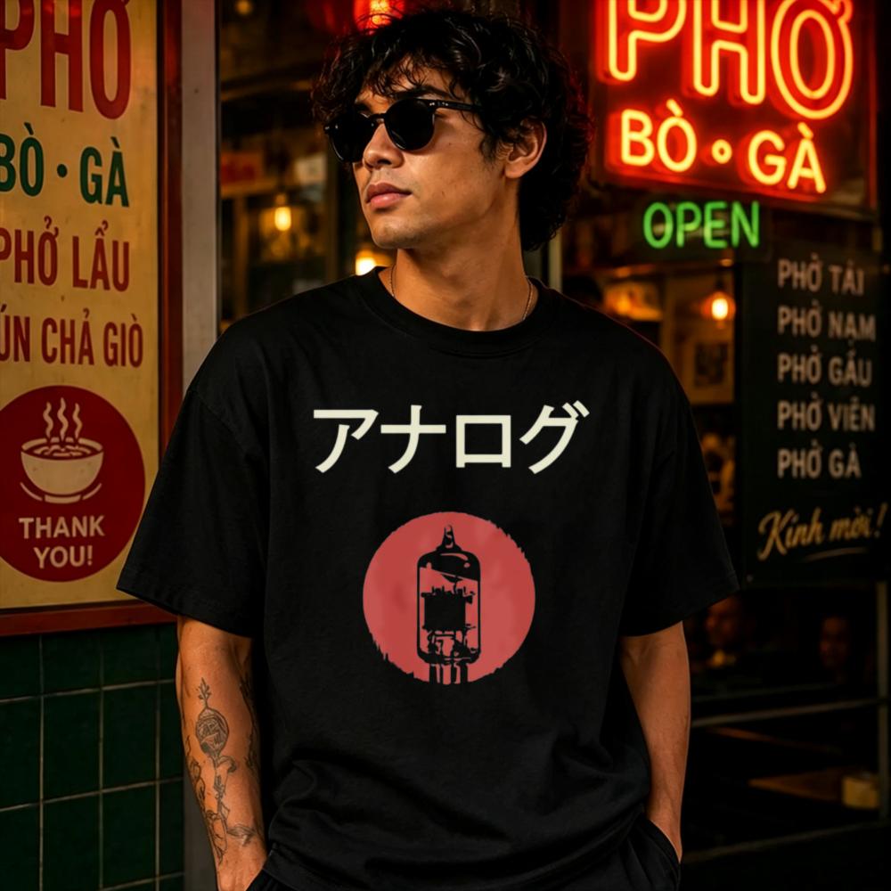 Analog Vacuum Tube Japanese Katakana Text Red Circle Logo Cotton Tshirt Audiophile Retro Streetwear Loose Short Sleeve Daily Tee