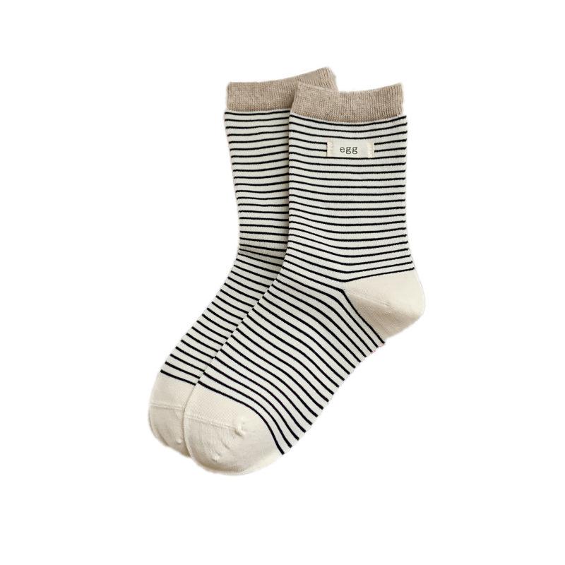 

Женские осенне-зимние тонкие полосатые носки до середины икры, длинные носки с тканевой этикеткой, полоски в черно-белом цвете в стиле колледжа 1 pair бежевый