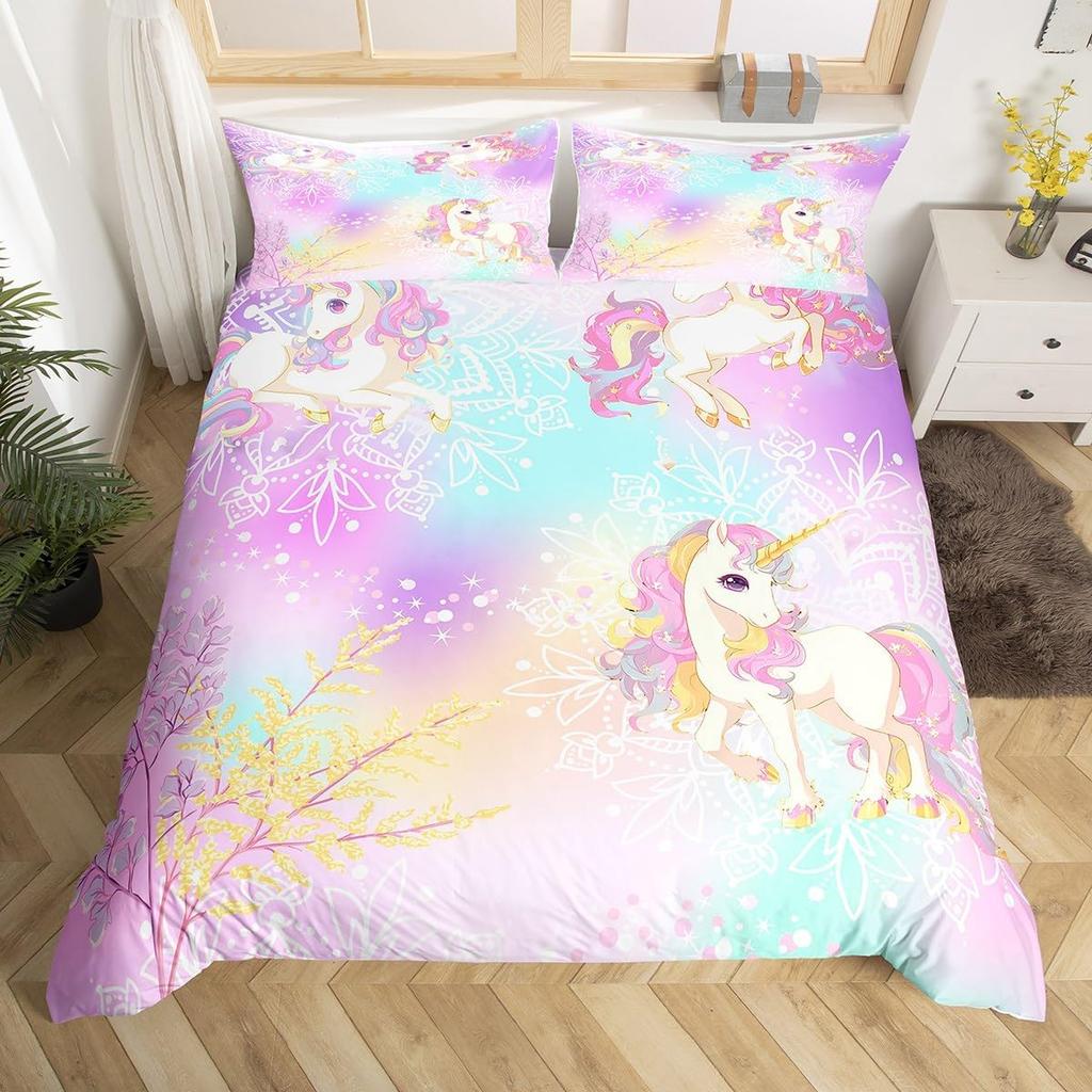 Children Kids Unicorn Soft Duvet Cover Single Quen King, Adorable Lovely Cat Carton Warm Comforter Cover featuring 2 Pilowcase Fish Scale Beding Set