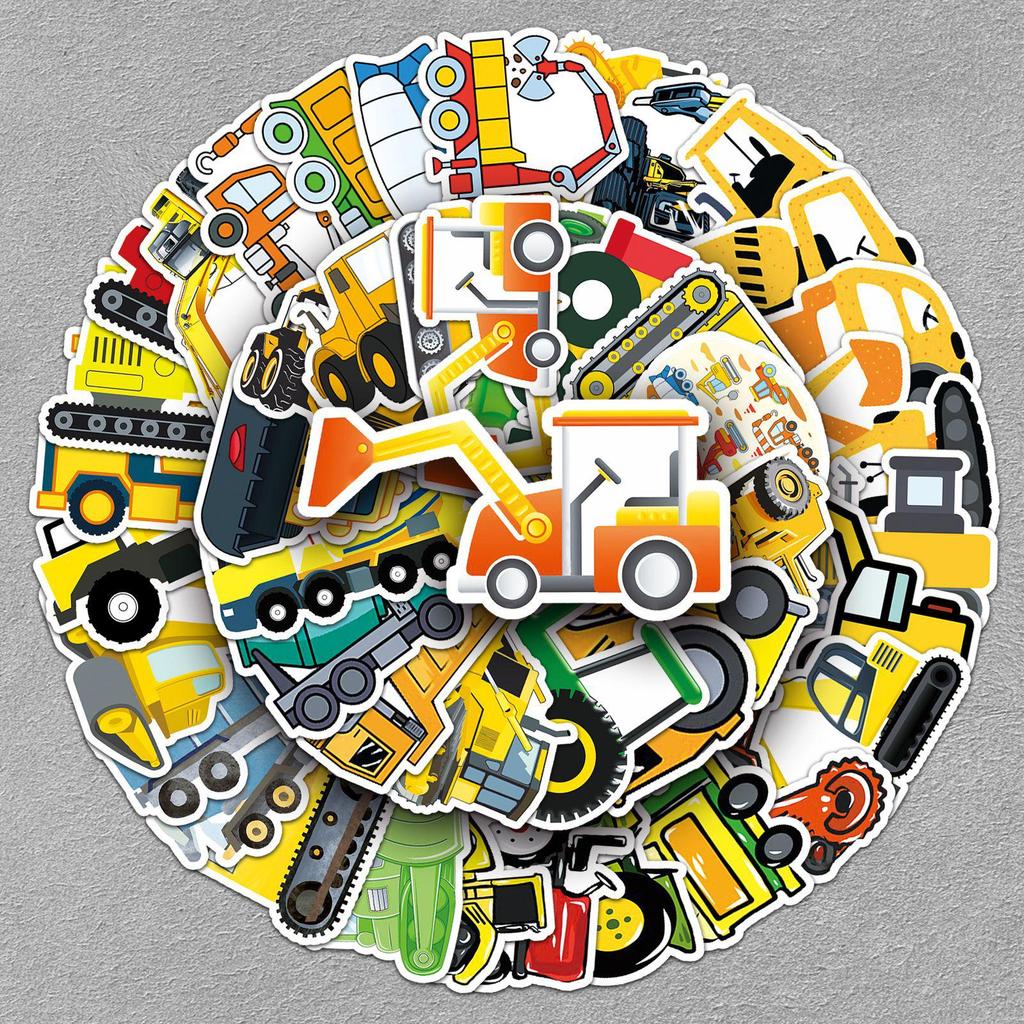 50 Sheets Cartoon Construction Vehicle Stickers for Kids – Waterproof Decoration for Journals, Notebooks, and Phones.