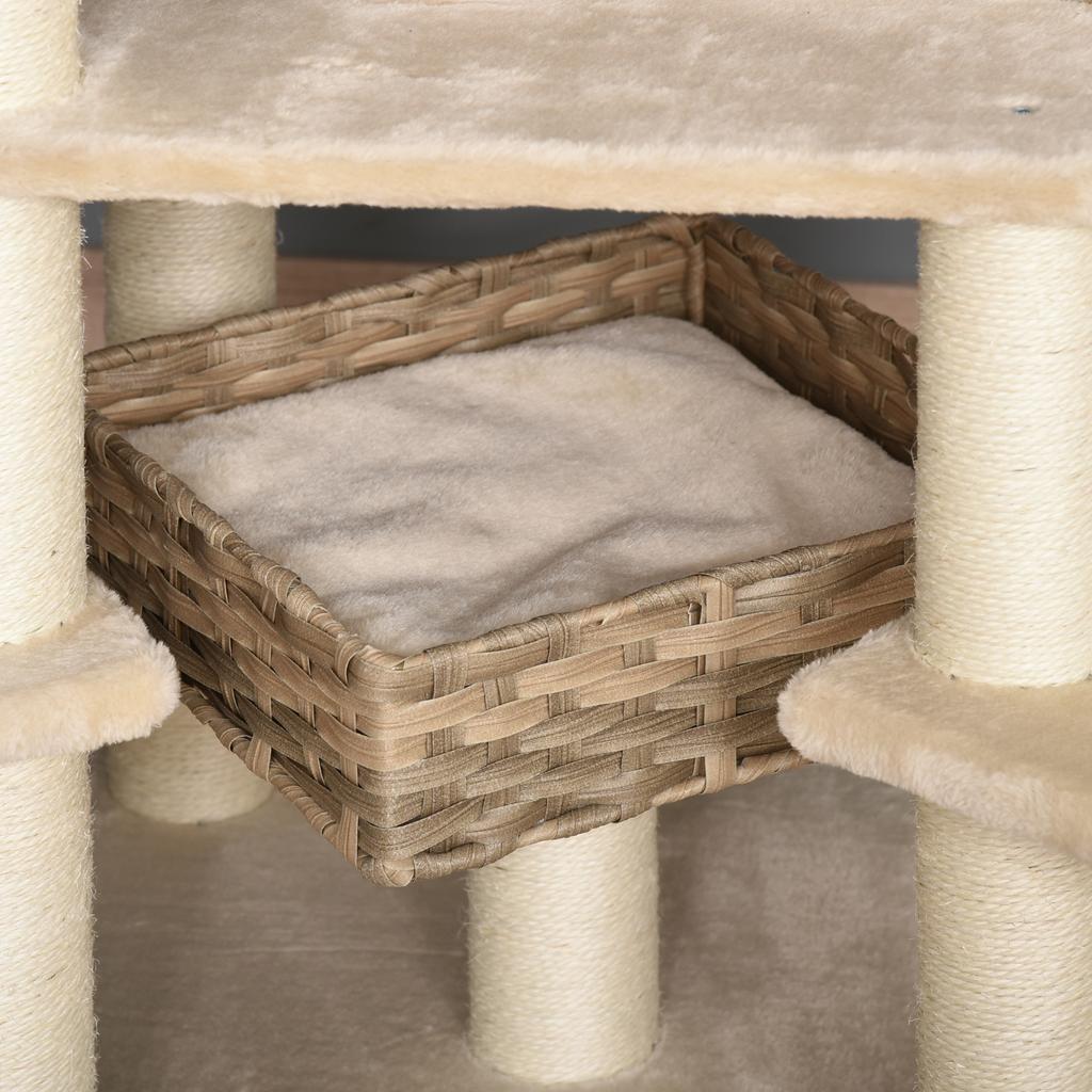 Rattan Cat Tree with Cat Den Multi-Level Cat Tree Climbing Tree for Cats E1 MDF Sisal Beige+Brown 55 x 55 x 174 cm