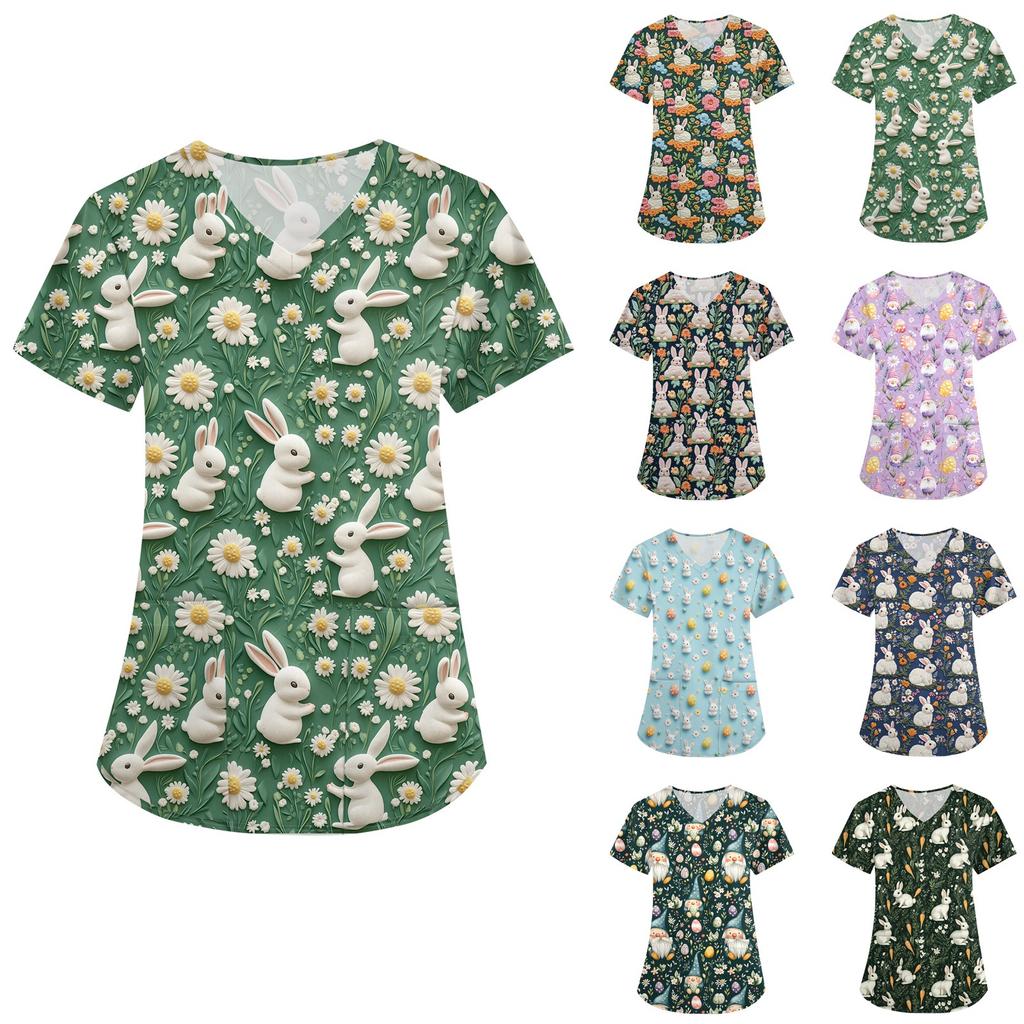 Women's Printed Uniform Work Uniform V-Neck Pocket Protective Uniform Protective Uniform