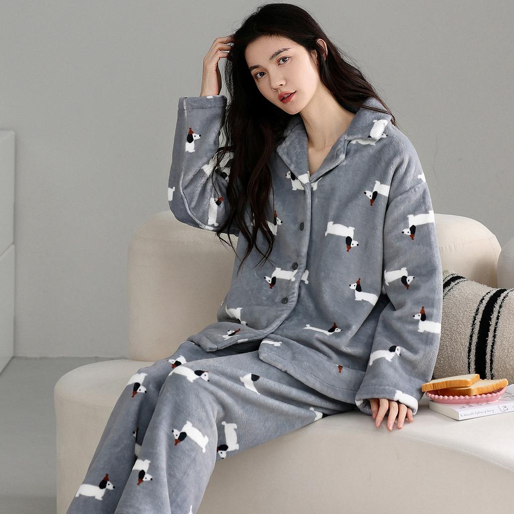 Coral Fleece Pajamas Women'S Autumn And Winter Fleece Thickened Warm Flannel Loungewear Winter Cute Cartoon Set