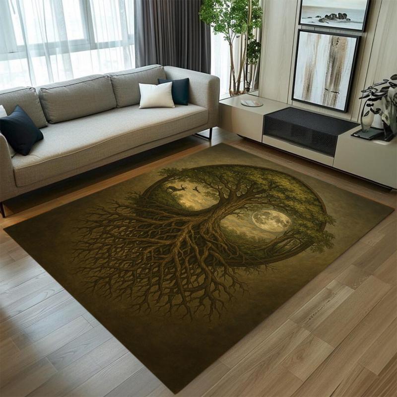 Artistic Tree of Life Carpet Silver & Gold Elegant Design Non-slip Soft Mat for Home Living Room Bedroom Decor