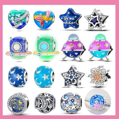 Copper Heart-Shaped Beads Starry Night Sky Beads Luminous Spaceship Charms Fit Original Bracelet Diy Jewelry Birthday Gift