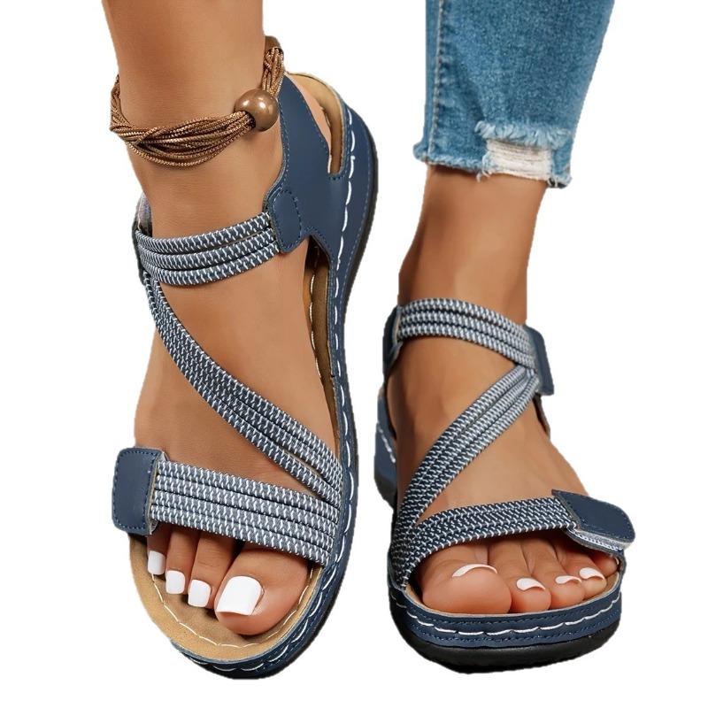 Sommer Neue Sandalen Nähgarn Keilabsatz Lässig Klettverschluss Gummiband Große Größe Sandalen