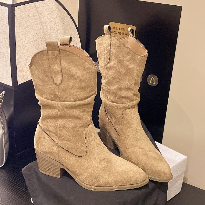 New Style Fashion Women's Mid-calf Boots Women Winter Ethnic Rivet Tassel Boots Woman Suede Pointed Thick Heel Shoes Boots
