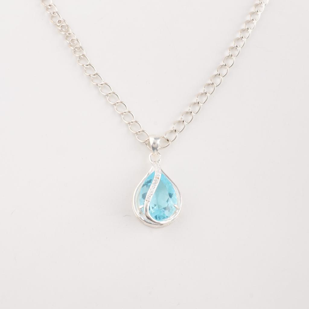 Pear Sky Blue Topaz Gemstone 925 Sterling Silver Jewelry CZ Minimalist Pendant CZP-7-3