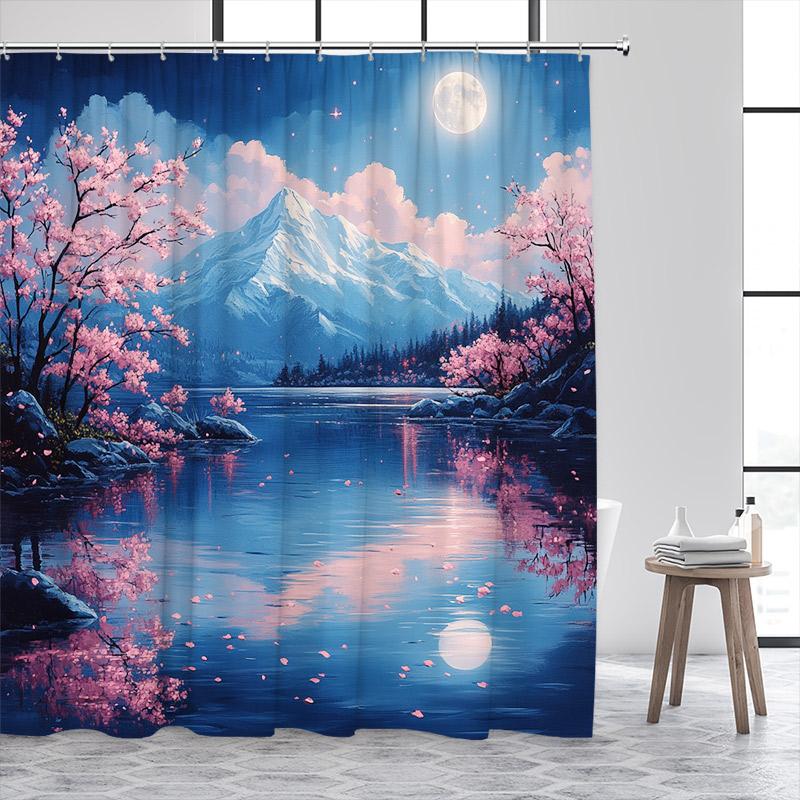 Rideaux de douche style japonais Lac de montagne abstrait Pavillon Fleur Art à l'encre Tissu de rideau de bain Décor de salle de bain pour la maison Avec crochets
