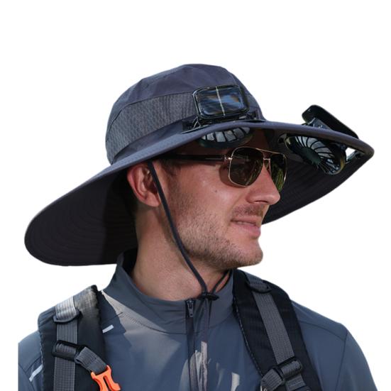 Fisherman Hat, Outdoor Sun Hat with Dual Power Solar USB Rechargeable Fan, Wide Brim Sun Protection Hat for Fishing Camping Hiking Gardening