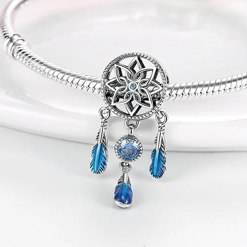 Charm Bead Charms Copper Plated Dreamy Blue Feather Dreamcatcher Bead Charms Compatible With Charm Bead Charms Authentic Bracelets Bead Charms Women J