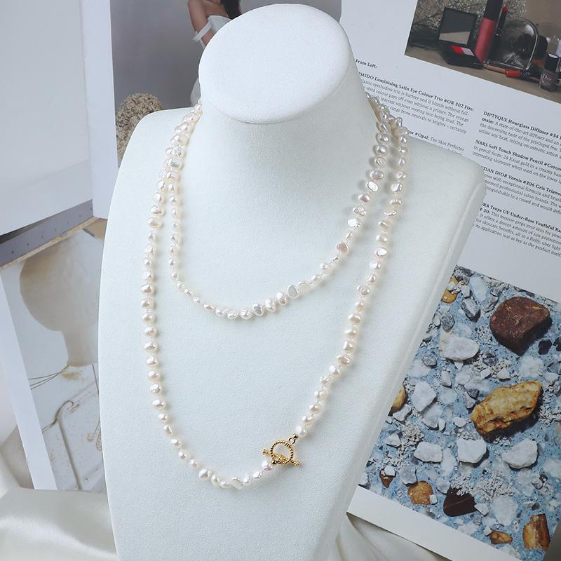 90cm Two Sides Light Natural Freshwater Baroque Pearl Beaded Necklace Irregular Pearl Sweater Chain Women's Long Winter Necklace