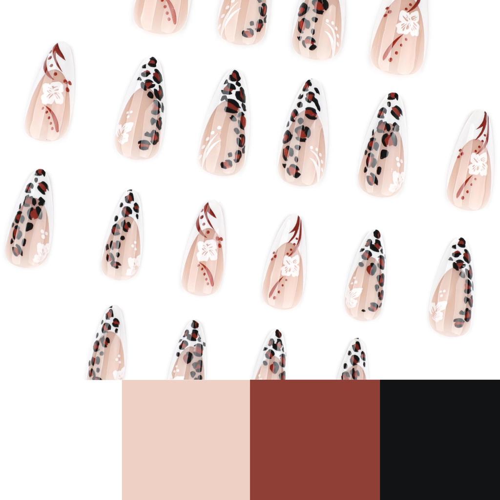 Leopard Print Almond Fake Nails with French White Flowers