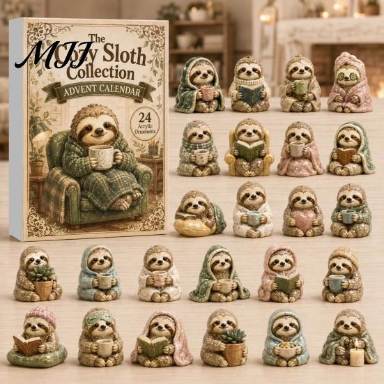 Cute Sloth Pendant Set Advent Calendar, 24Pcs Acrylic 2D Ornament Holiday Collectibles with Vintage Warm-Tone Designs, Christmas Tree Hanging