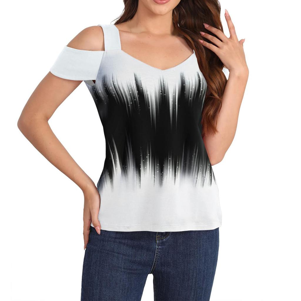 Letnia bluzka damska Bluzka z krótkim rękawem, odkrytymi ramionami, dekoltem w serek, luźna, podstawowa koszulka, swobodny top, koszula