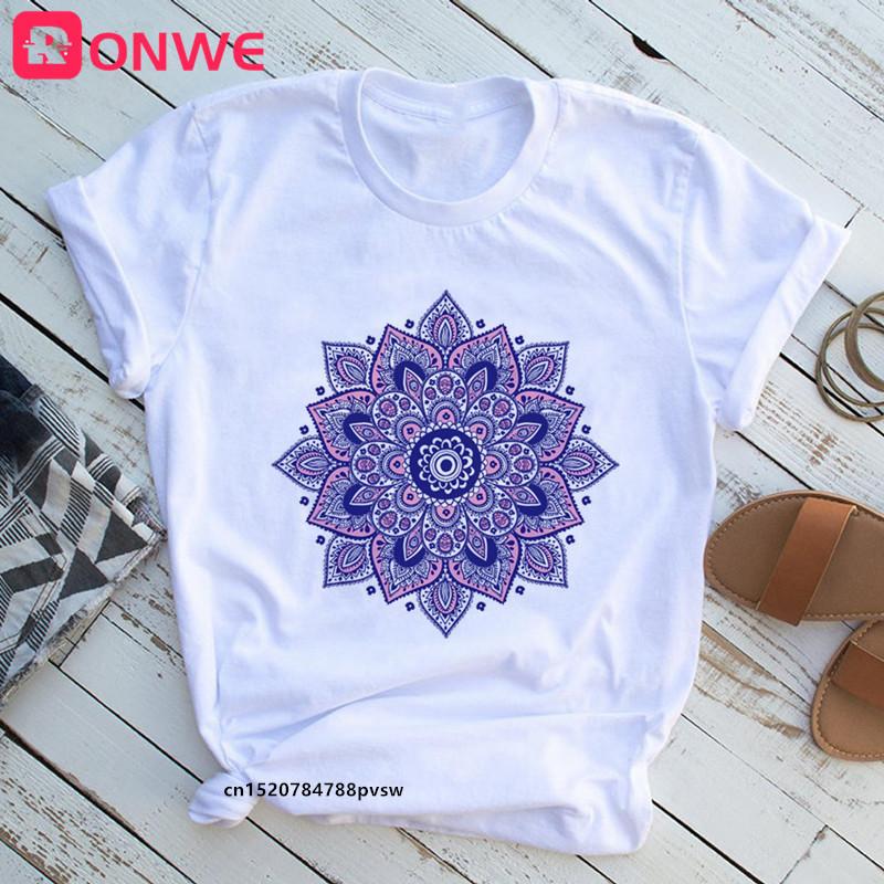 Mandala Flowers Stripes Thermo Funny Women T Shirt Girl Summer 90S Print Tops Tee Drop Ship