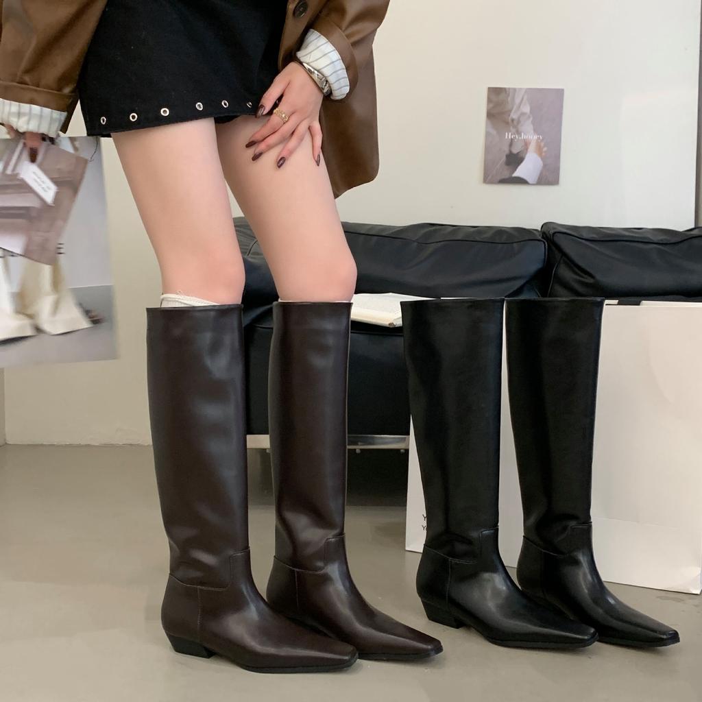 European and American Style Square Head Fashion and Thin Tall Knight Boots Long Boots Women's Retro Thick Heel Sleeve But Knee Cover Boots