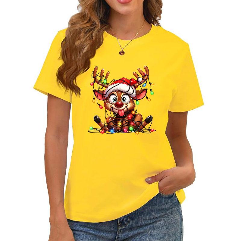 Women Cute Reindeer Christmas Lights Graphic Tshirt Funny Santa Hat Deer Printed Short Sleeve Tops Xmas Holiday Casual Tee Gift
