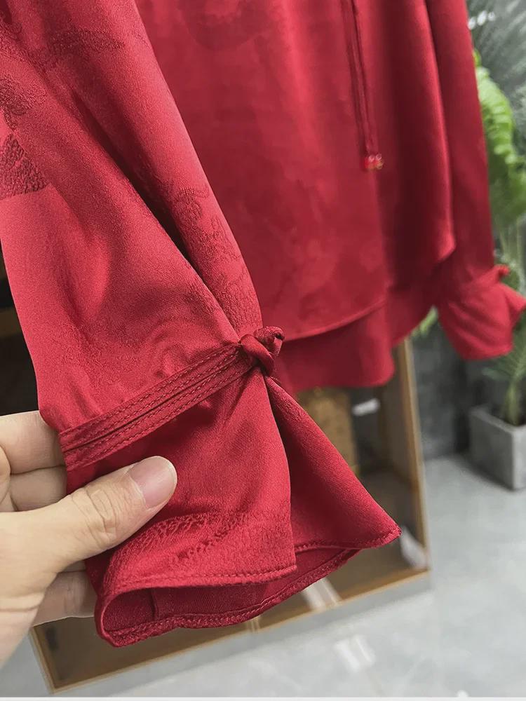 2024 Festive Red Chinese-Style Jacquard Dragon Top for Women