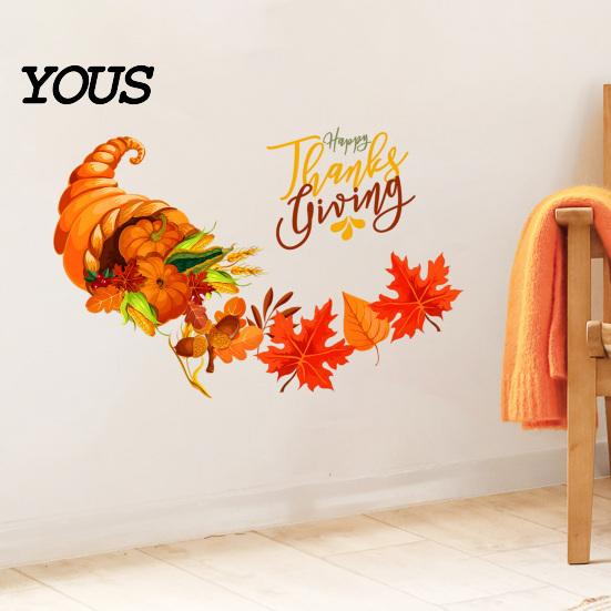Self-adhesive Fall Decorations for Living Room Harvest Festival Wall Stickers Thanksgiving Autumn Decor, PVC Cornucopia Pumpkins And Maple