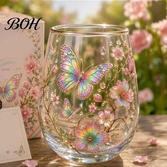 Buntes Schmetterlingsglas Handbemalter Glasbecher, Eiförmige Tasse mit Goldrand, Klarer Bleifreier Sicherer Trinkbecher für Tee Kaffee Wein