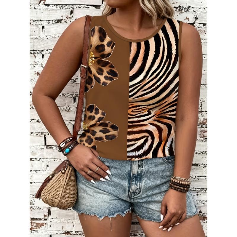 Damen Tanktop T-Shirt mit Print und gemusterten kurzen Ärmeln, ärmelloses Damen Rundhals-T-Shirt
