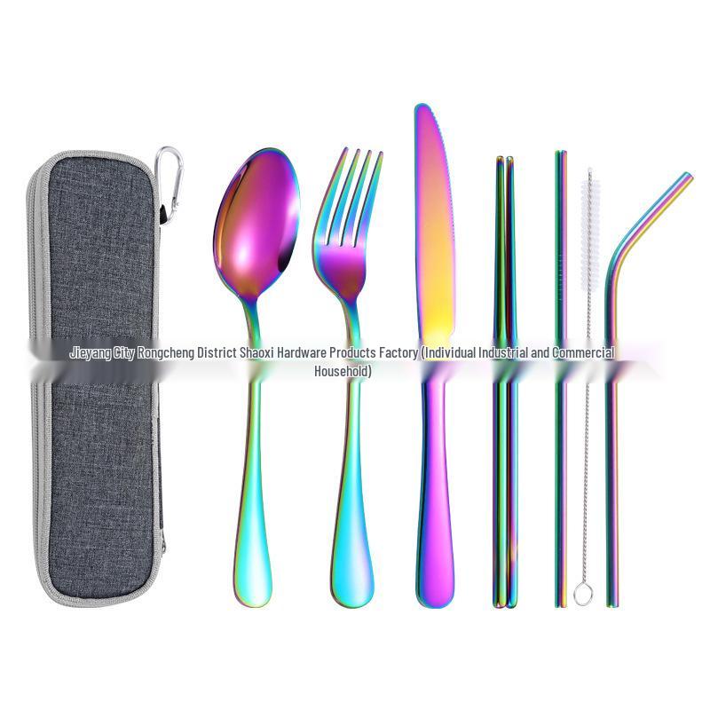 Stainless Steel Outdoor Travel Cutlery Set: Knife, Fork, Spoon, Straw, Chopsticks with Storage Bag