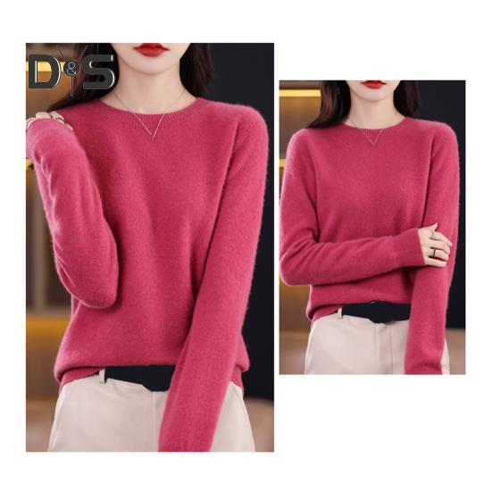 Women Bottoming Sweater Imitation Cashmere Crew Neck Sweater Long Sleeve Solid Color Slim Fit Ribbed Trim Knitting Tops