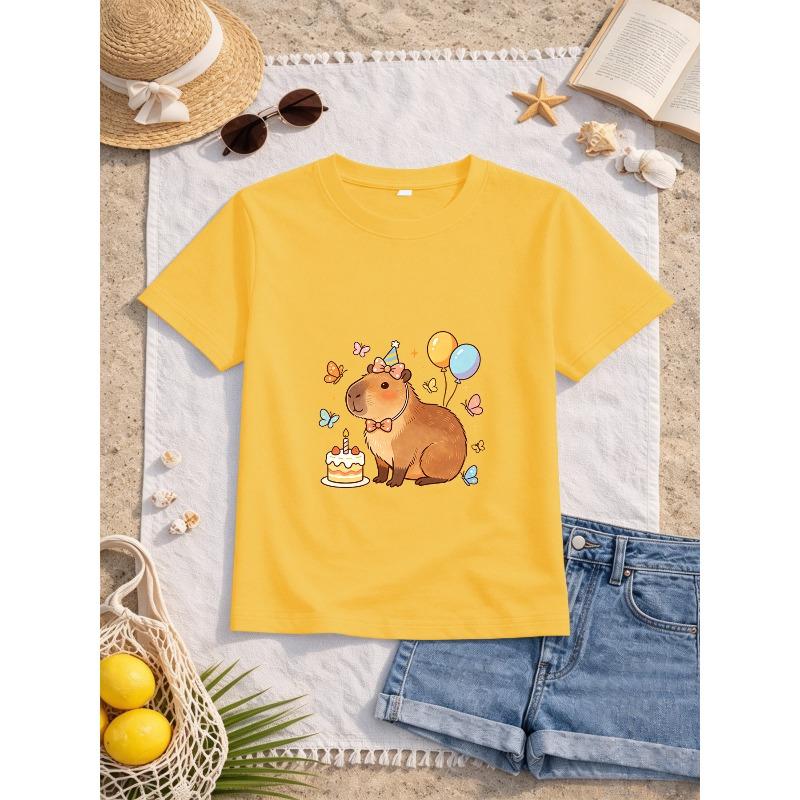 European Sizes Girls' Capybara Birthday Print Short-Sleeve T-Shirt, Kids' Summer Casual Top, Comfortable and Versatile
