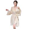 Sexy French swinging collar golden velvet pajamas women's autumn and winter pure desire with chest pad lace suspender nightdress robe two-piece set
