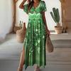 Summer Women Dress Retro Ethnic Style V Neck Short Sleeves Loose A-line Colorful Print Soft Beach Vacation Maxi Dress Ankle Length Side Split