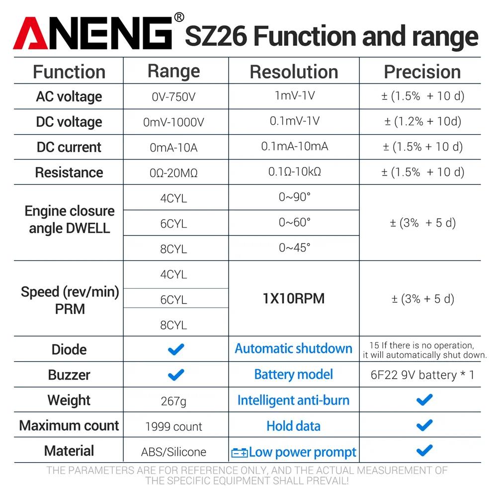 Aneng SZ26 Smart Multimeter AC/DC Voltage DC Current High Precision Car Overhaul Multimetro Diode Resistance Tester 1999 Count with Digital Display