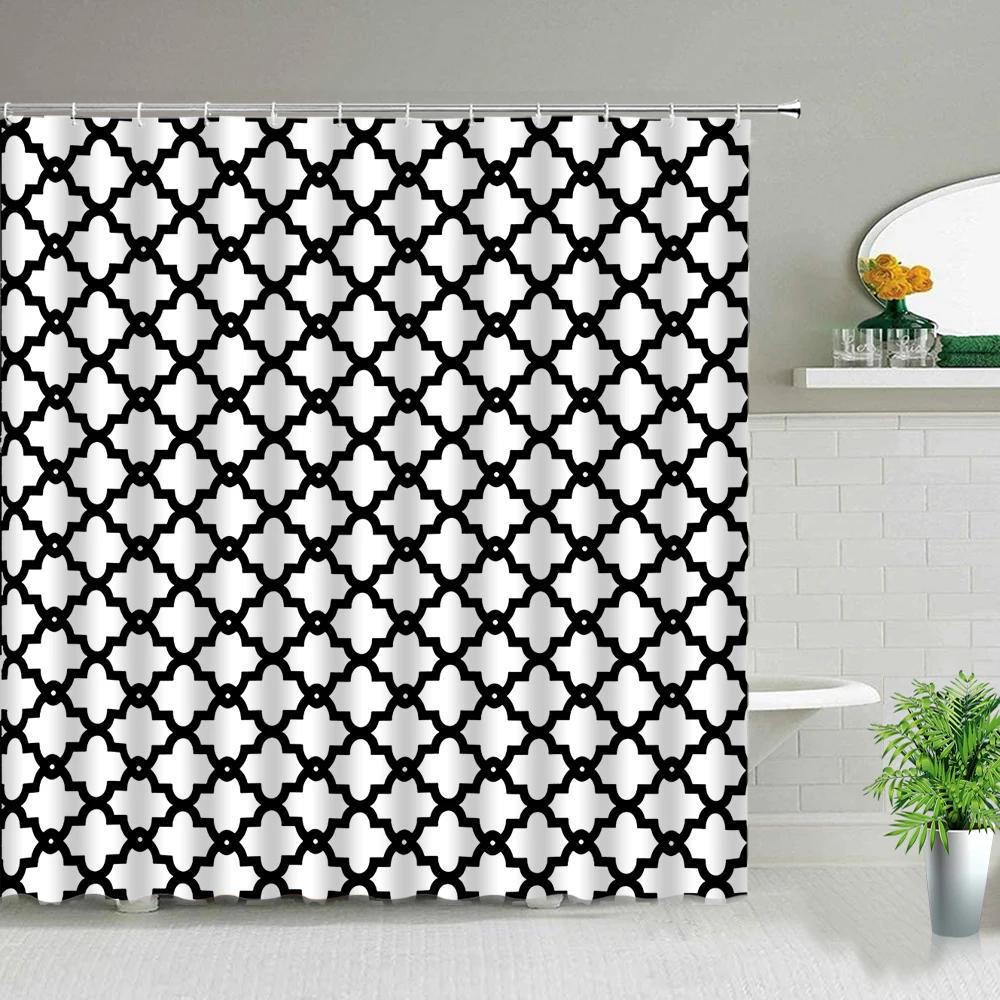 Black White Geometric Bathroom Shower Curtains Bohemian Stripe Print Waterproof Frabic Chic Toilet Partition Curtain With Hooks