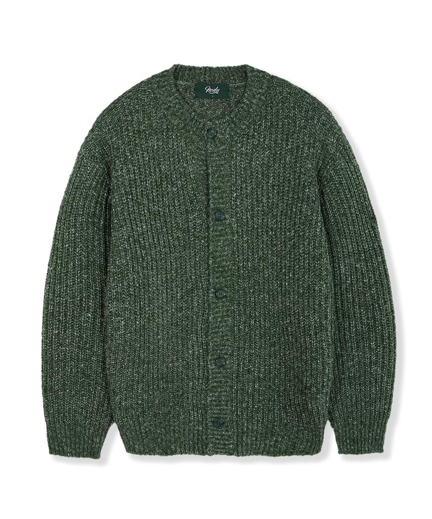 Nodu Adn Heathered Hacci Round Neck Semi-Oversized Long Sleeve Knit Cardigan [Green]