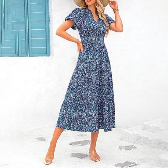 Vestido de mujer V Big Swing Flor Manga de burbuja Cuello pequeño Estampado corto Línea A Cintura alta