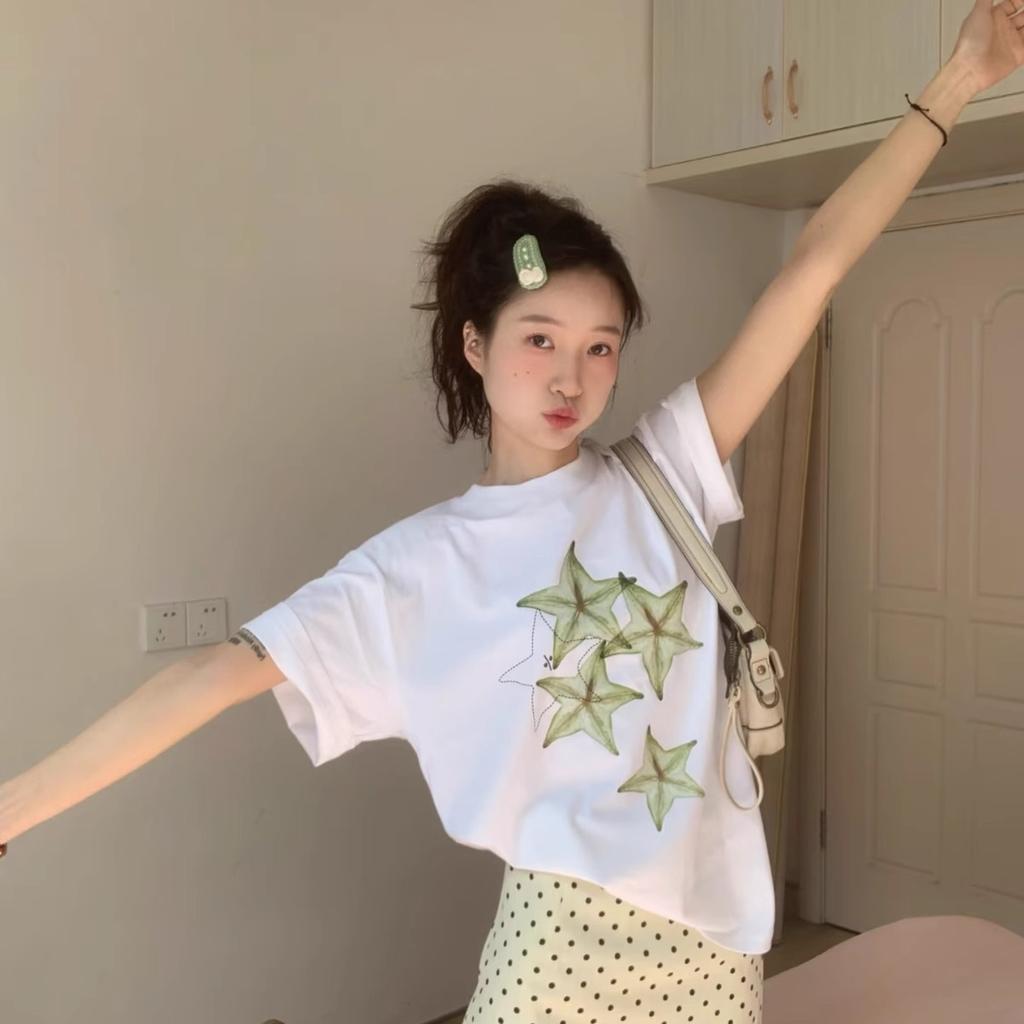 Korean niche white short-sleeved T-shirt women's summer fun star fruit print loose casual heavy cotton top ins