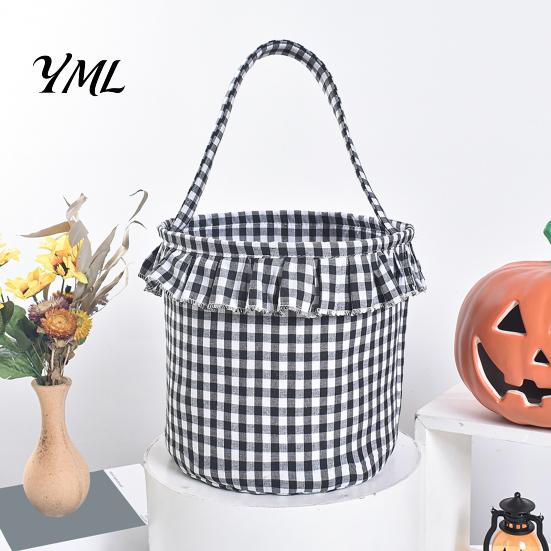 Kürbisgeist-Muster Tragetaschen Halloween-Korb, Karierter Rüschen Süßigkeiten-Eimer für Süßes oder Saures mit Griff Stoff-Geschenktaschen für Geburtstage Kinder, Wiederverwendbar